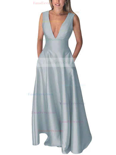 A-line V-neck Silk-like Satin Floor-length Pockets Prom Dresses #Favs020106098