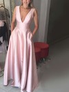 A-line V-neck Silk-like Satin Floor-length Pockets Prom Dresses #Favs020106098