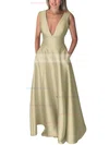 A-line V-neck Silk-like Satin Floor-length Pockets Prom Dresses #Favs020106098