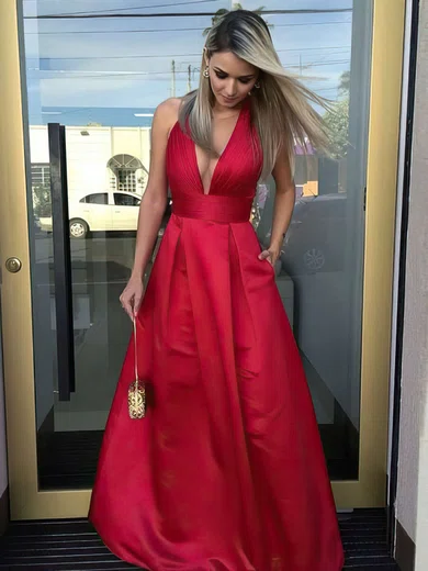 A-line V-neck Satin Floor-length Pockets Prom Dresses #Favs020106099