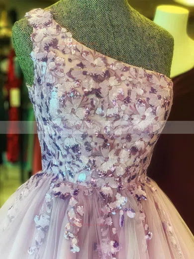 A-line One Shoulder Tulle Short/Mini Short Prom Dresses With Lace #Favs020020110949