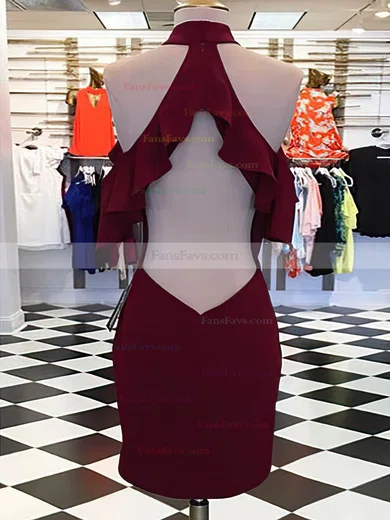 Sheath/Column High Neck Jersey Short/Mini Short Prom Dresses With Cascading Ruffles #Favs020020111671