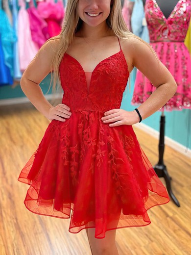 A-line V-neck Tulle Short/Mini Short Prom Dresses With Lace #Favs020020110952