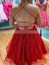 A-line V-neck Tulle Short/Mini Short Prom Dresses With Lace #Favs020020110952