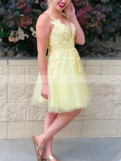 A-line V-neck Tulle Knee-length Short Prom Dresses With Lace #Favs020020110953