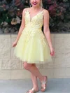 A-line V-neck Tulle Knee-length Short Prom Dresses With Lace #Favs020020110953