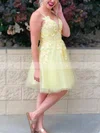 A-line V-neck Tulle Knee-length Short Prom Dresses With Lace #Favs020020110953