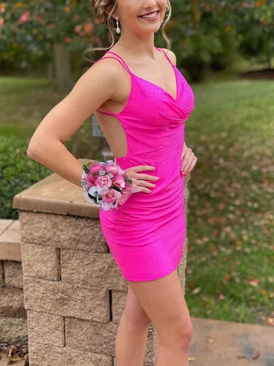 Sheath/Column V-neck Silk-like Satin Short/Mini Short Prom Dresses With Beading #Favs020020110954