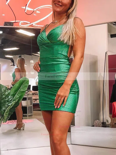 Sheath/Column V-neck Silk-like Satin Short/Mini Short Prom Dresses With Beading #Favs020020110954