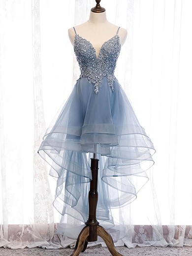 A-line V-neck Lace Tulle Asymmetrical Short Prom Dresses With Appliques Lace #Favs020020110175