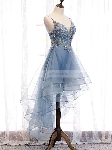 A-line V-neck Lace Tulle Asymmetrical Short Prom Dresses With Appliques Lace #Favs020020110175