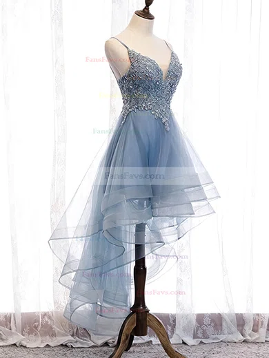 A-line V-neck Lace Tulle Asymmetrical Short Prom Dresses With Appliques Lace #Favs020020110175