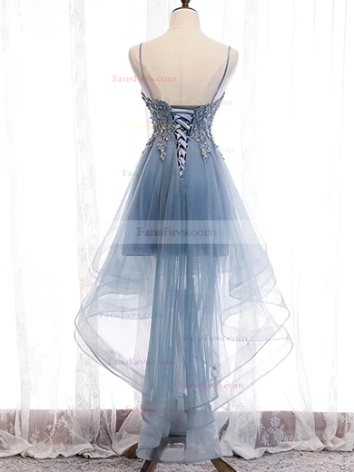 A-line V-neck Lace Tulle Asymmetrical Short Prom Dresses With Appliques Lace #Favs020020110175