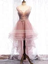 A-line V-neck Lace Tulle Asymmetrical Short Prom Dresses With Appliques Lace #Favs020020110175