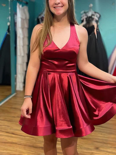 A-line V-neck Satin Short/Mini Short Prom Dresses #Favs020020110956