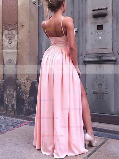 A-line V-neck Silk-like Satin Floor-length Split Front Prom Dresses #Favs020106103