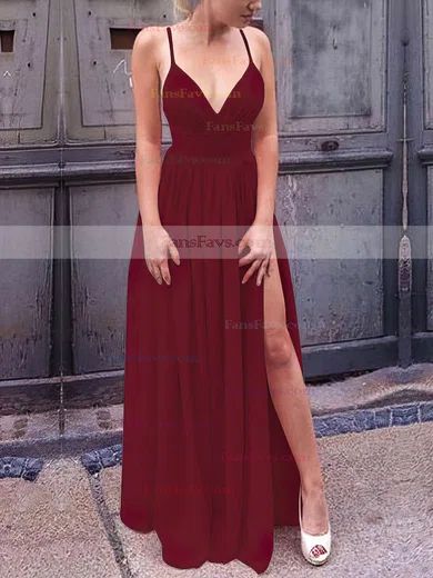 A-line V-neck Silk-like Satin Floor-length Split Front Prom Dresses #Favs020106103