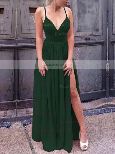 A-line V-neck Silk-like Satin Floor-length Split Front Prom Dresses #Favs020106103