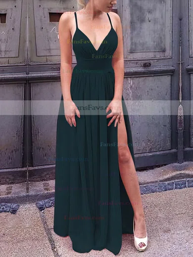 A-line V-neck Silk-like Satin Floor-length Split Front Prom Dresses #Favs020106103