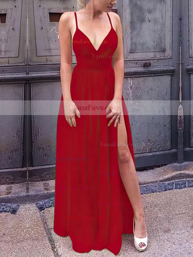 A-line V-neck Silk-like Satin Floor-length Split Front Prom Dresses #Favs020106103