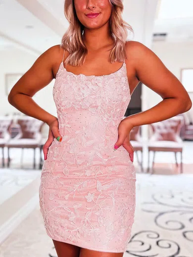 Sheath/Column Scoop Neck Tulle Short/Mini Short Prom Dresses With Appliques Lace #Favs020020111678