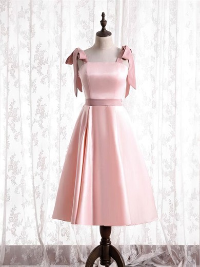 A-line Square Neckline Satin Tea-length Short Prom Dresses With Sashes / Ribbons #Favs020020110177