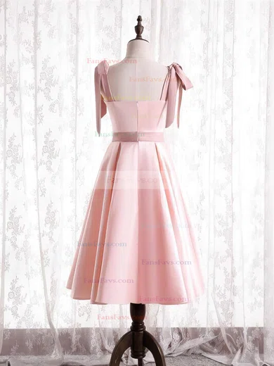A-line Square Neckline Satin Tea-length Short Prom Dresses With Sashes / Ribbons #Favs020020110177