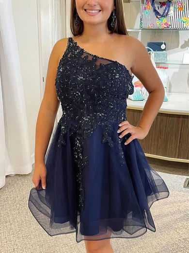 A-line One Shoulder Tulle Short/Mini Short Prom Dresses With Lace #Favs020020110959