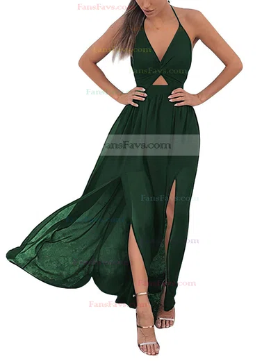 A-line Halter Chiffon Ankle-length Split Front Prom Dresses #Favs020106104