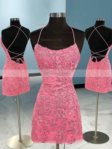 Sheath/Column Scoop Neck Tulle Short/Mini Short Prom Dresses With Lace #Favs020020110277