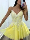 A-line V-neck Tulle Short/Mini Short Prom Dresses With Lace #Favs020020110961