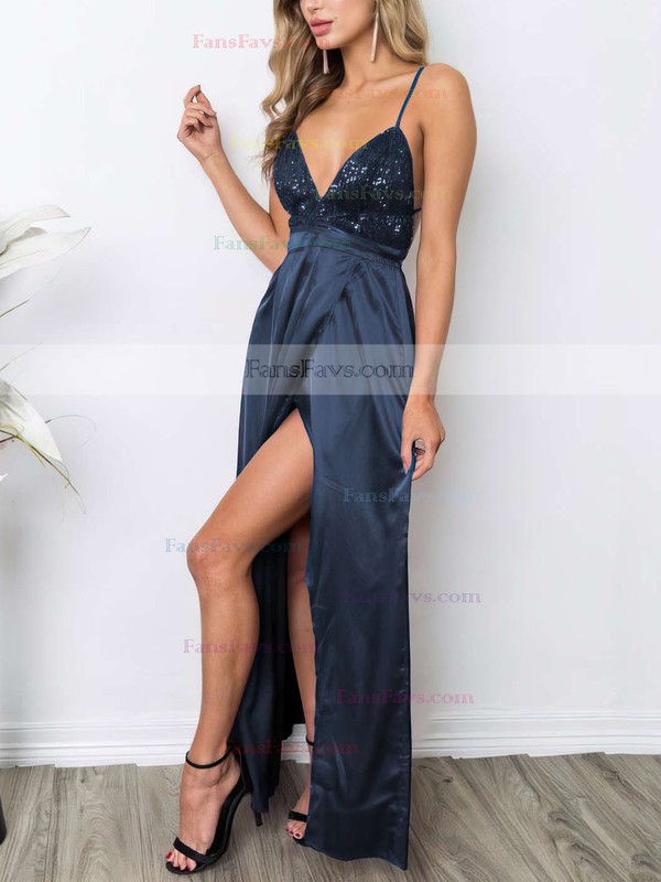 Sheath/Column V-neck Sequined Silk-like Satin Ankle-length Split Front Prom Dresses #Favs020106105