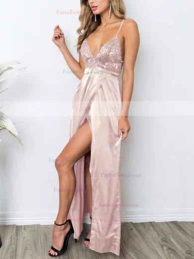 Sheath/Column V-neck Sequined Silk-like Satin Ankle-length Split Front Prom Dresses #Favs020106105