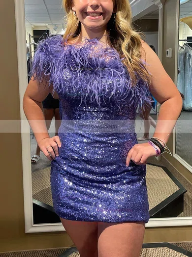 Sheath/Column One Shoulder Sequined Short/Mini Short Prom Dresses With Feathers / Fur #Favs020020110278