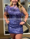 Sheath/Column One Shoulder Sequined Short/Mini Short Prom Dresses With Feathers / Fur #Favs020020110278