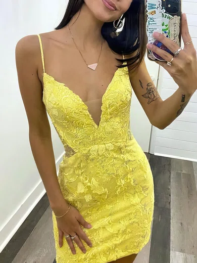 Sheath/Column V-neck Lace Short/Mini Short Prom Dresses #Favs020020110962