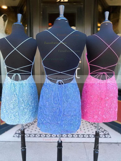 Sheath/Column Scoop Neck Tulle Short/Mini Short Prom Dresses With Lace #Favs020020111685