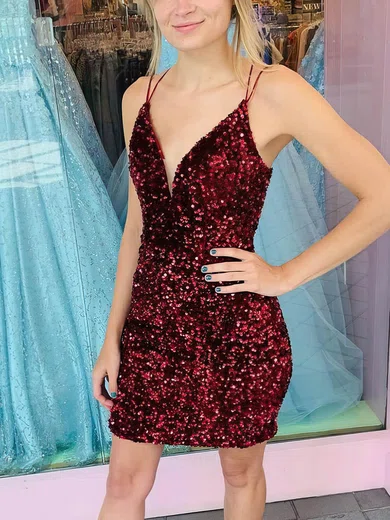 Sheath/Column V-neck Sequined Short/Mini Short Prom Dresses #Favs020020110966