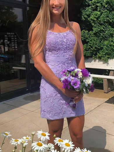 Sheath/Column Scoop Neck Tulle Short/Mini Short Prom Dresses With Lace #Favs020020111687