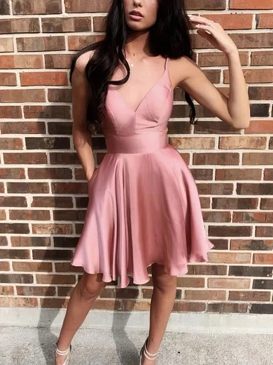 A-line V-neck Silk-like Satin Short/Mini Pockets Short Prom Dresses #Favs020020109308