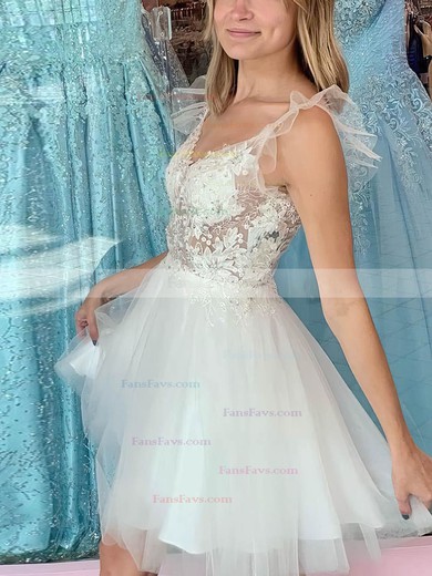 A-line V-neck Tulle Short/Mini Short Prom Dresses With Lace #Favs020020110968