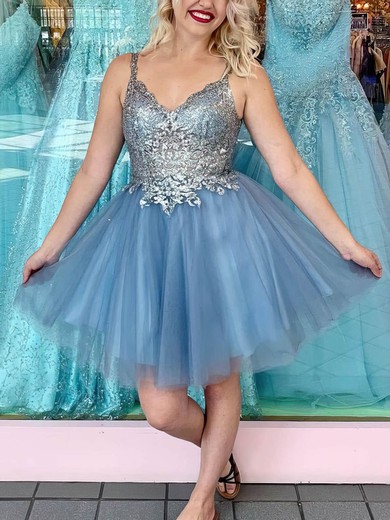 A-line V-neck Tulle Knee-length Short Prom Dresses With Lace #Favs020020110969