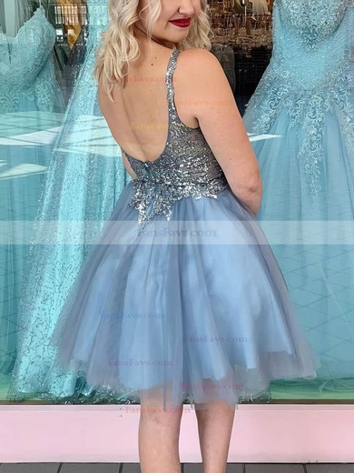 A-line V-neck Tulle Knee-length Short Prom Dresses With Lace #Favs020020110969