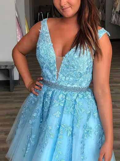 A-line V-neck Tulle Short/Mini Short Prom Dresses With Lace #Favs020020111691