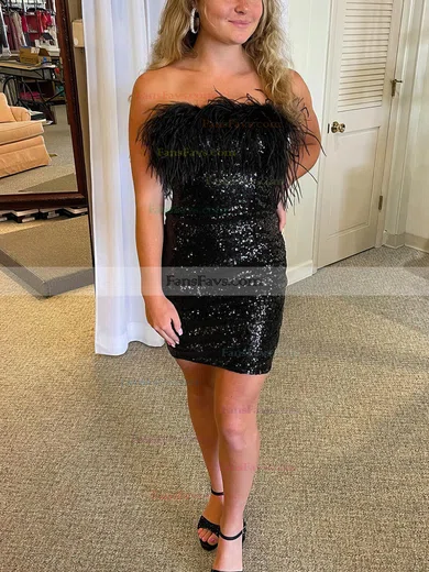 Sheath/Column Strapless Sequined Short/Mini Short Prom Dresses With Feathers / Fur #Favs020020110286