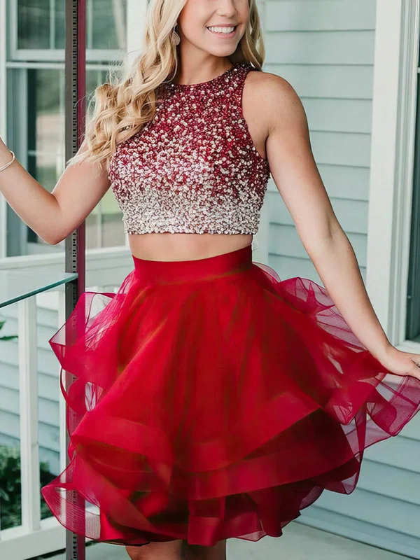 A-line Scoop Neck Tulle Short/Mini Short Prom Dresses With Tiered #Favs020020111693