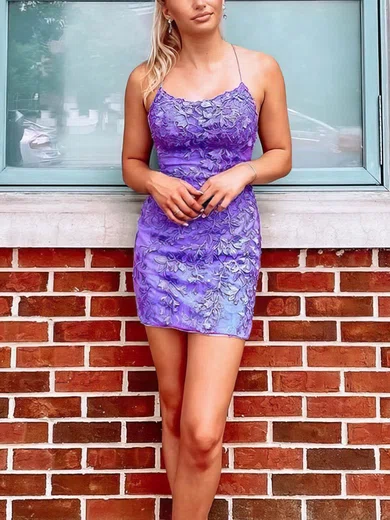 Sheath/Column Scoop Neck Tulle Short/Mini Short Prom Dresses With Lace #Favs020020111694