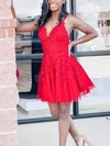 A-line V-neck Tulle Short/Mini Short Prom Dresses With Lace #Favs020020111696