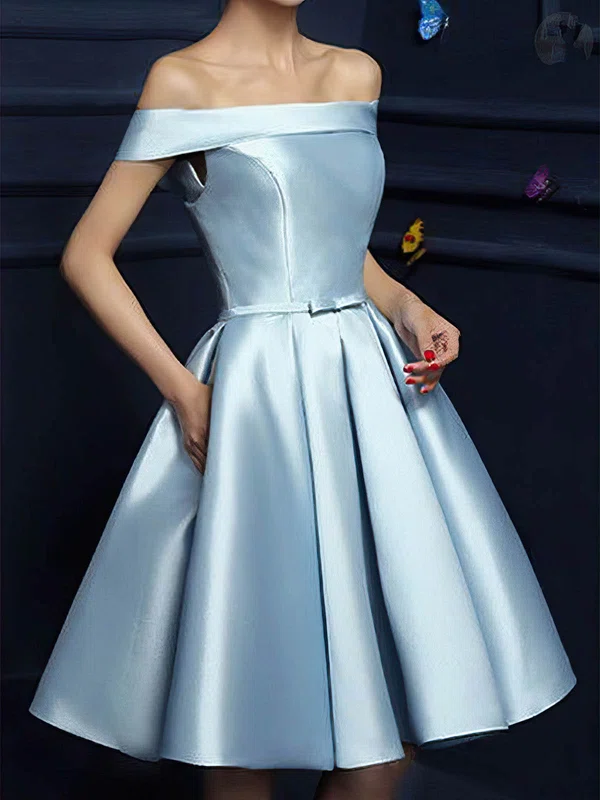 A-line Off-the-shoulder Satin Knee-length Bow Short Prom Dresses #Favs020020109319