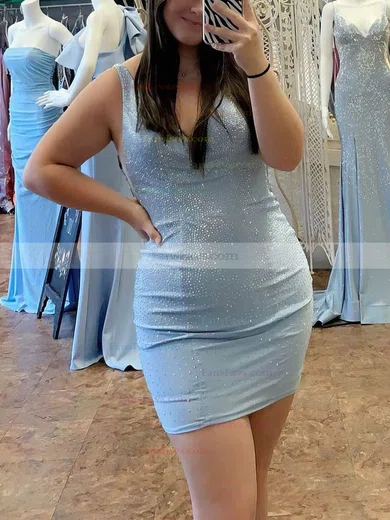 Sheath/Column V-neck Jersey Short/Mini Short Prom Dresses With Beading #Favs020020110975